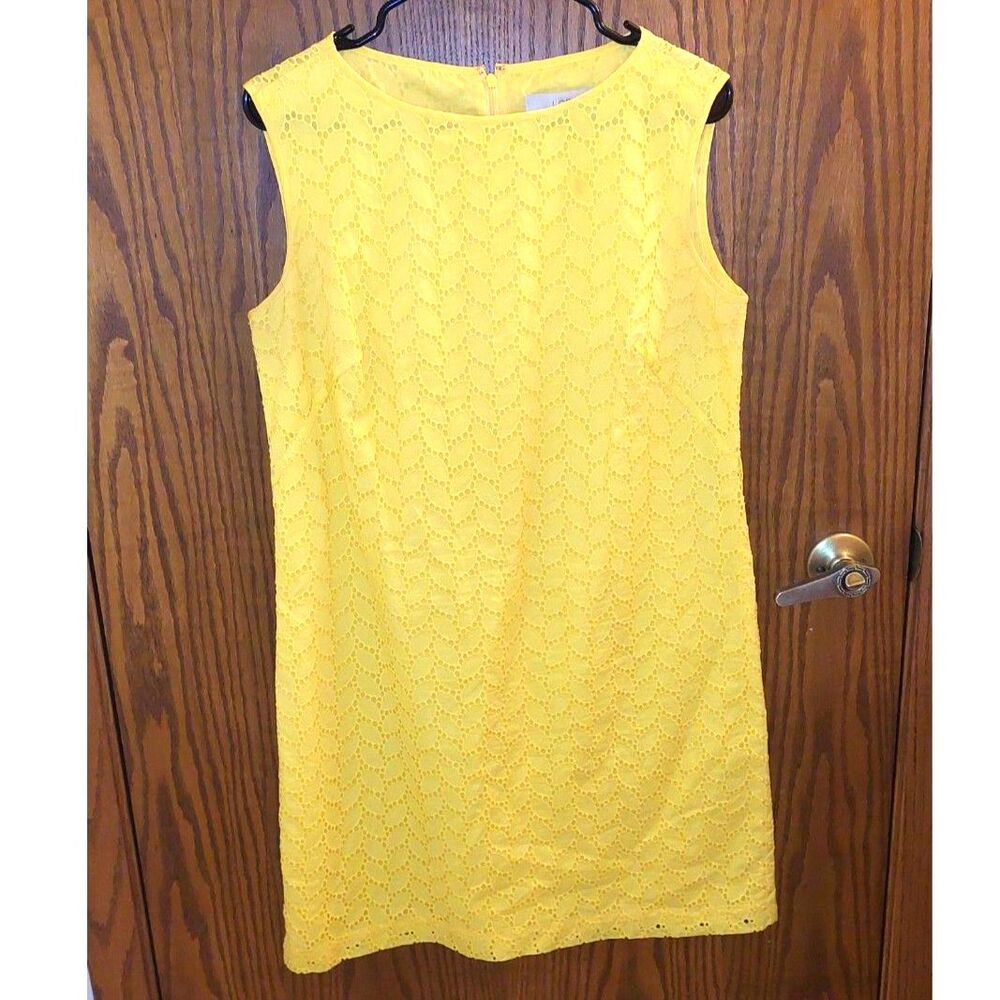 LOFT Bright Yellow Eyelet Shift Dress Size 10 Cotton Sun Dress Summer